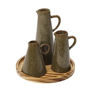 Set of 3 Stoneware PItchers & Pine Wood Tray from Creative Co-Op (DF6574) New